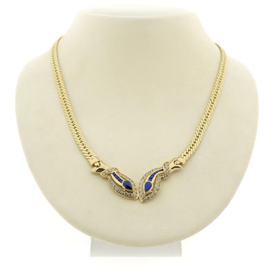 Gold flat gourmet link necklace with synthetic sapphire and zirconia Image 1 of Gold flat gourmet link necklace with synthetic sapphire and zirconia