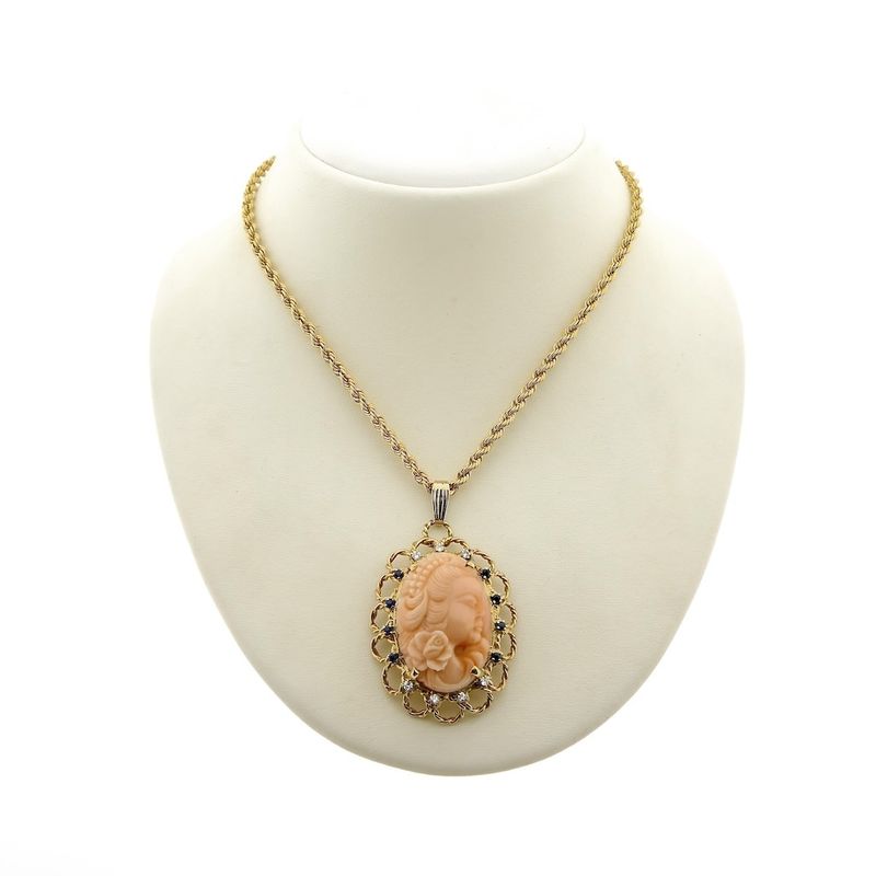 Image 3 of Antique gold pendant with cameo, sapphire and diamonds; 0.21 ct.