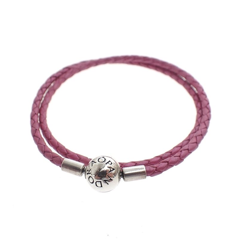 Image 1 of Pandora Moments double-woven dark pink leather bracelet; Silver; Ø 60 mm