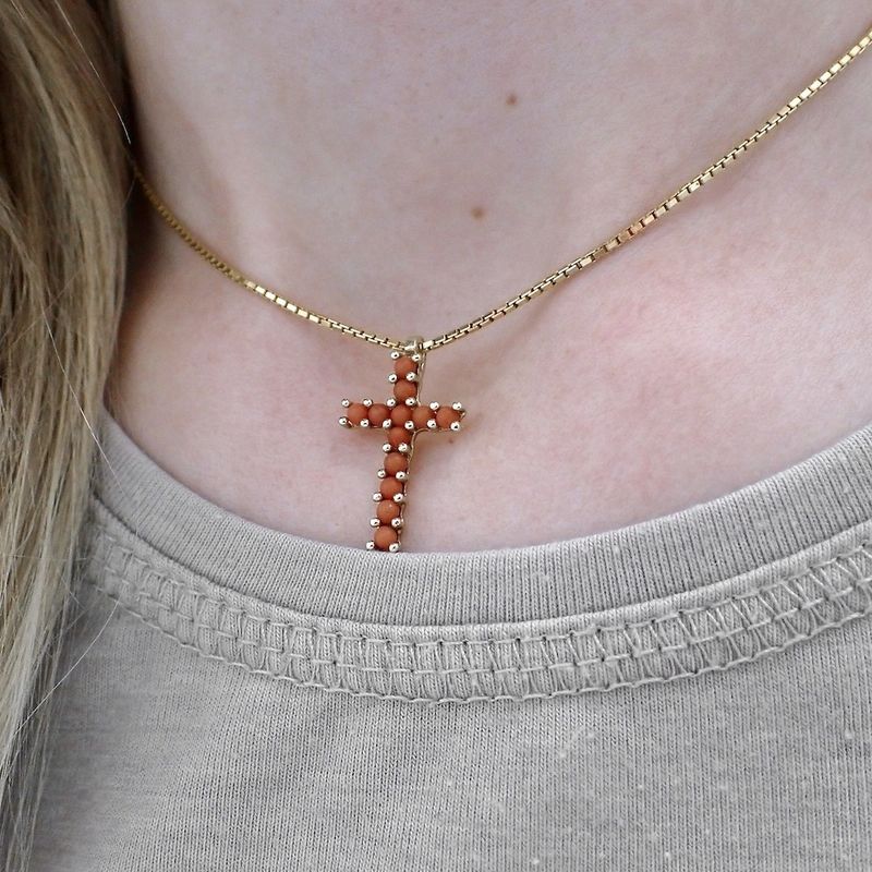 Image 7 of Vintage gold pendant of a cross with blood coral