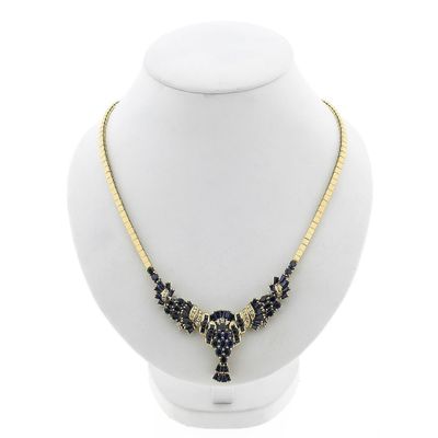 Image 1 of Golden omega link necklace with sapphires and diamonds; 0.34 ct.