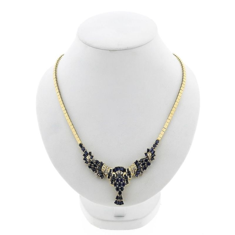 Image 1 of Golden omega link necklace with sapphires and diamonds; 0.34 ct.