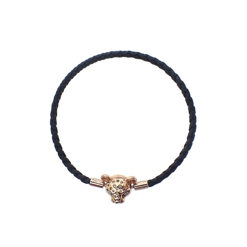 Image 3 of Pandora black leather bracelet; Panther; Rose gold plated; | 20 cm