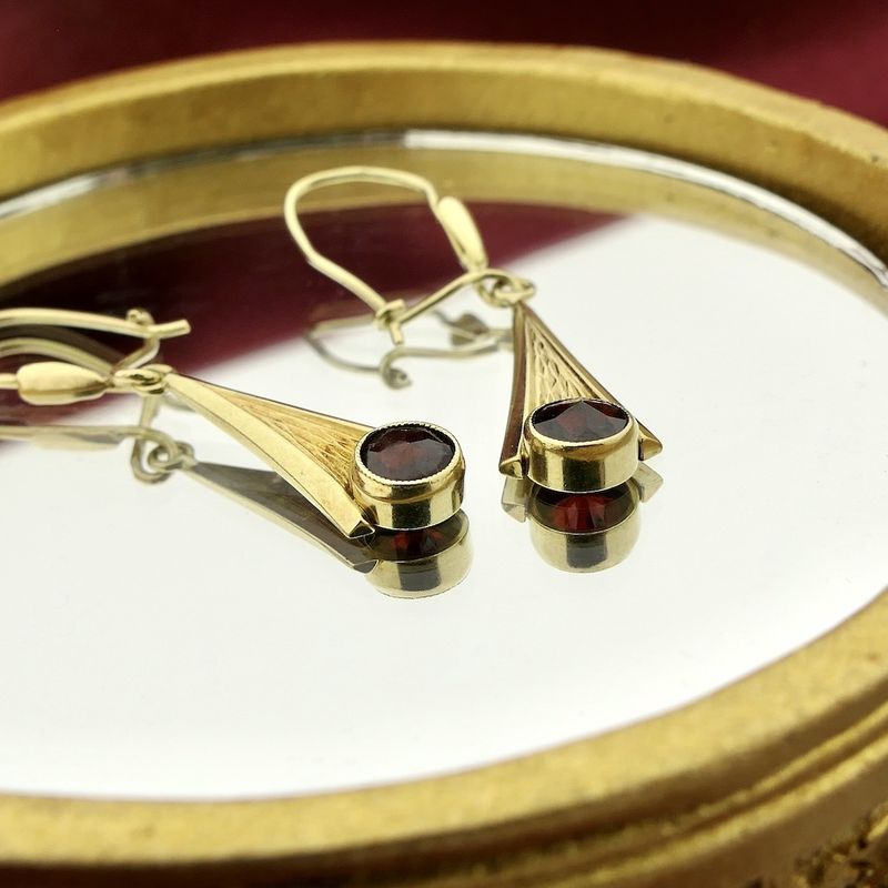Image 2 of Vintage gold earrings with dark red stone