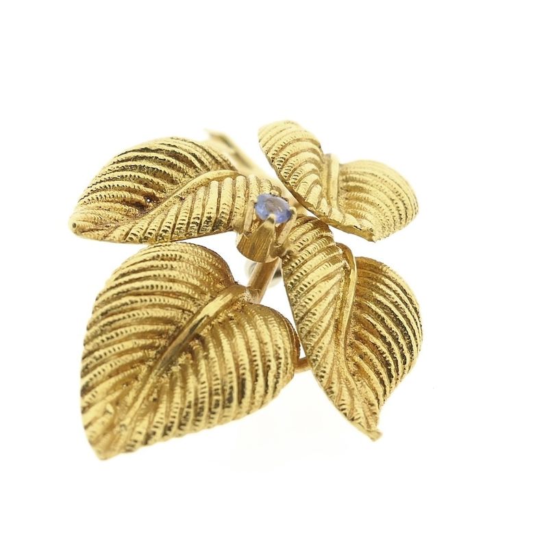 Image 5 of Gold brooch of leaves with sapphire