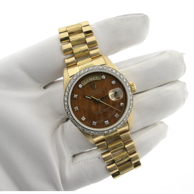 Image 19 of Rolex Day-Date 'Wood Dial' 18038; 18k gold men's watch with diamonds