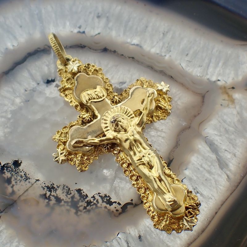 Image 2 of 19th century gold pendant of a cross with corpus INRI; Filigree