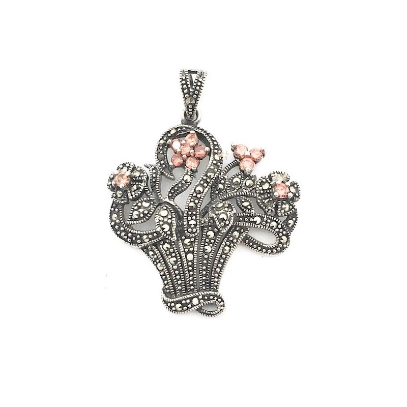 Image 1 of Silver pendant with orange zirconia and marcasite; floral bouquet