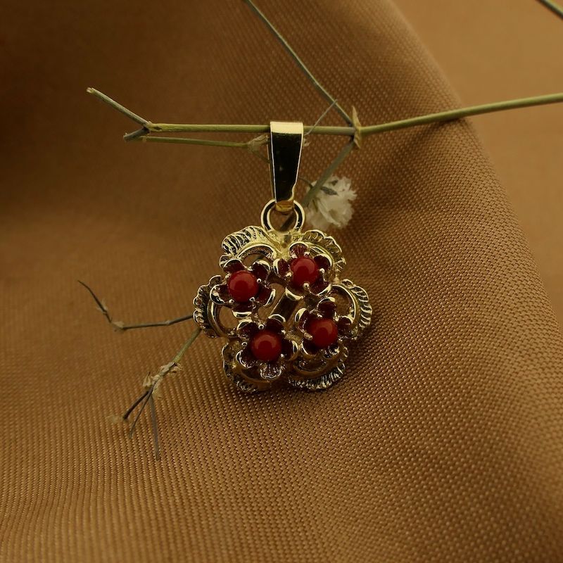 Image 2 of Gold floral pendant with blood coral