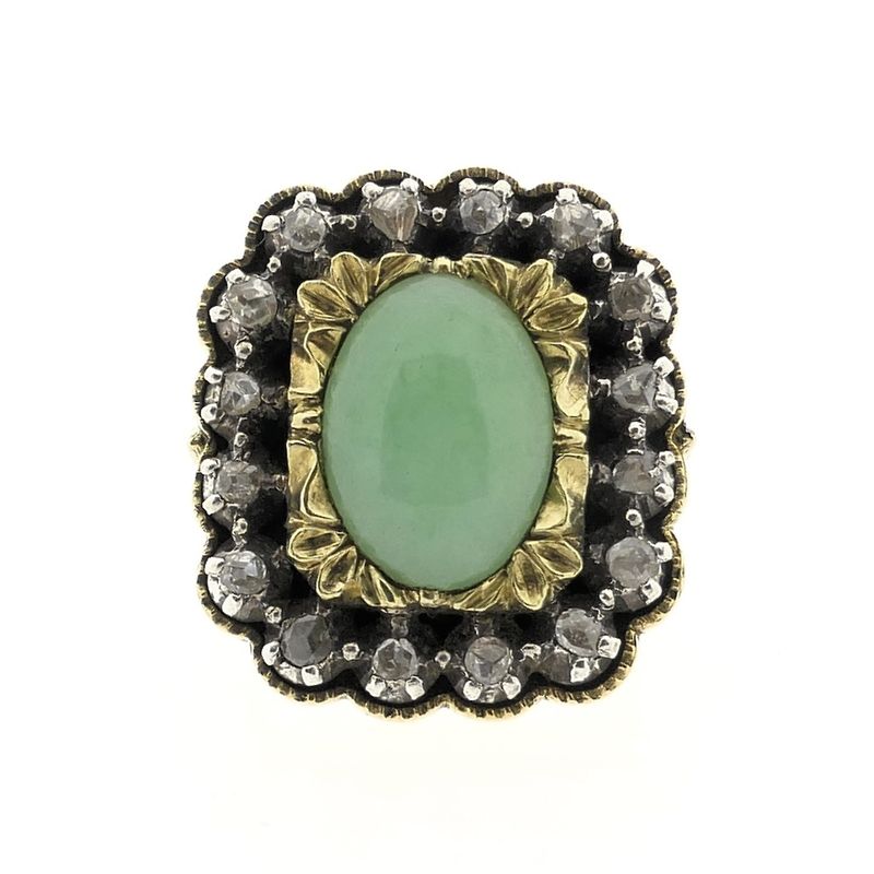 Image 5 of Gold Victorian ring with jade and rose-cut diamonds; approx. 0.32 ct.