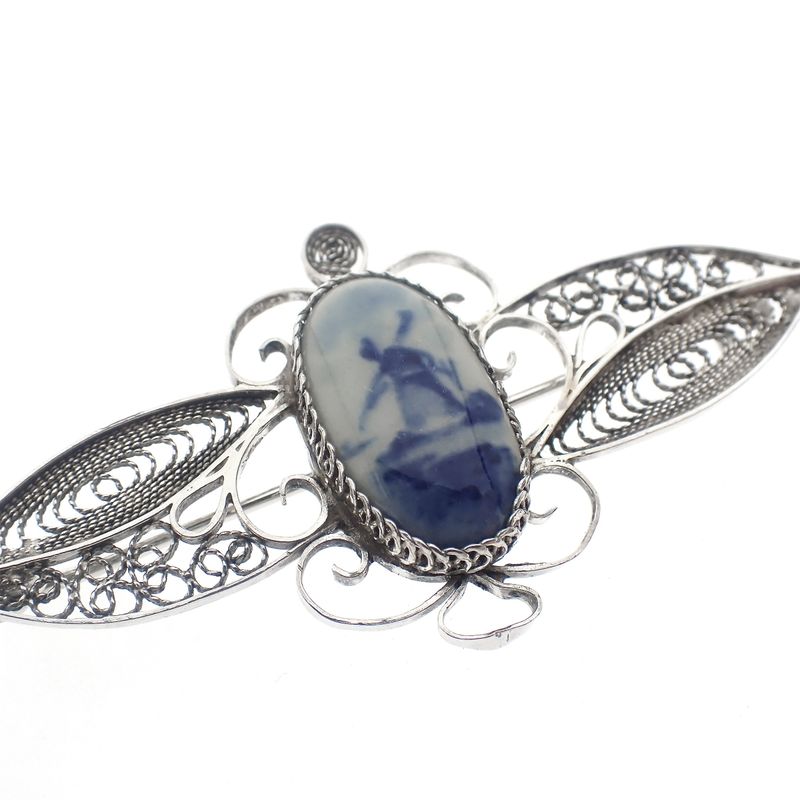 Image 8 of Silver old Dutch brooch with Delft blue