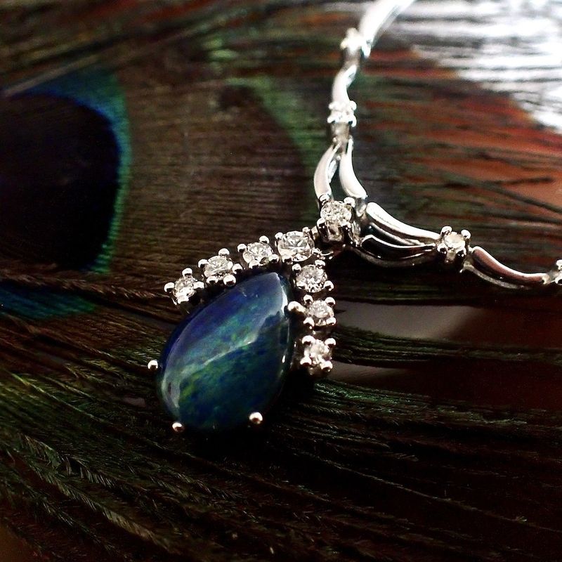 Image 2 of White gold cobra link necklace with triple opal and diamonds; Approx. 0.38 ct.