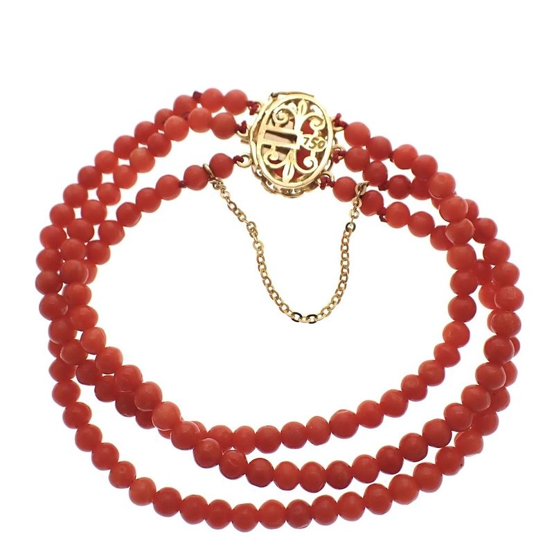 Image 2 of Blood coral bead bracelet with gold clasp