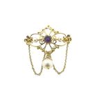 Image 1 of Gold brooch with pearls and purple glass bead