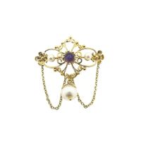 Gold brooch with pearls and purple glass bead