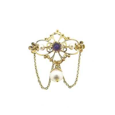 Image 1 of Gold brooch with pearls and purple glass bead