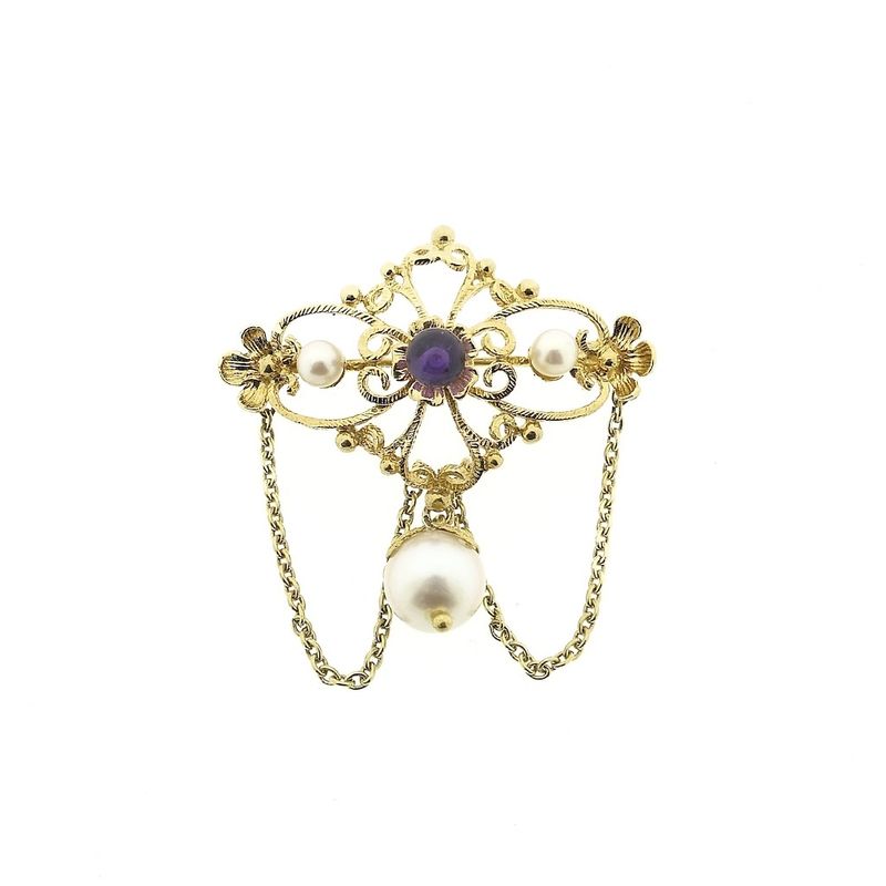 Image 1 of Gold brooch with pearls and purple glass bead
