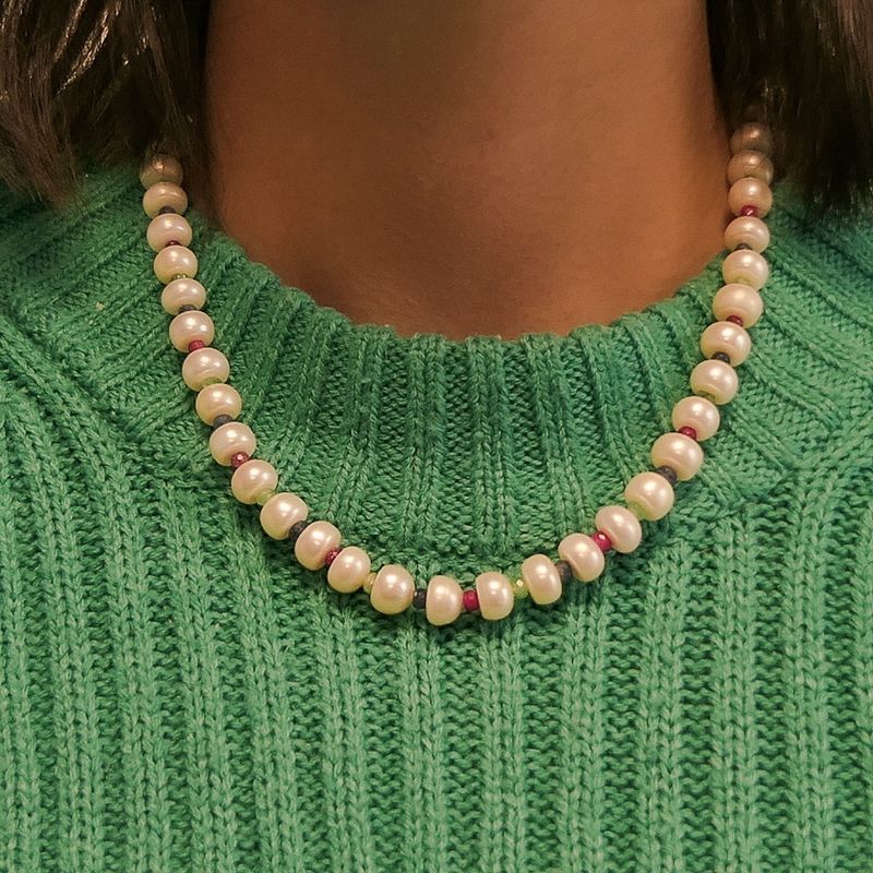 Image 4 of 9 carat pearl necklace with ruby, sapphire, and emerald | 46 cm