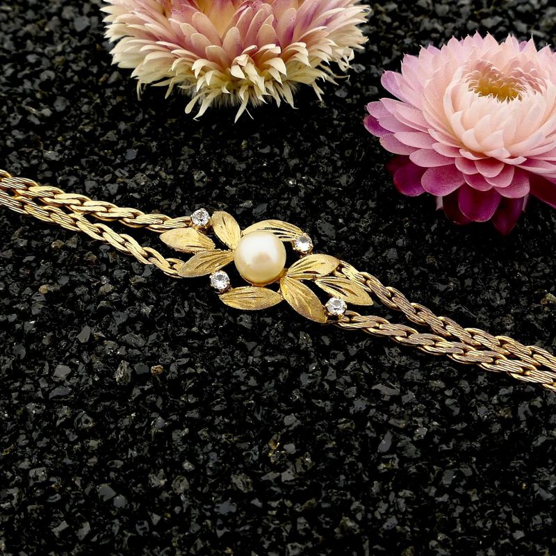 Image 2 of 8 Karat Floral Bracelet with Cultured Pearl and Zirconia