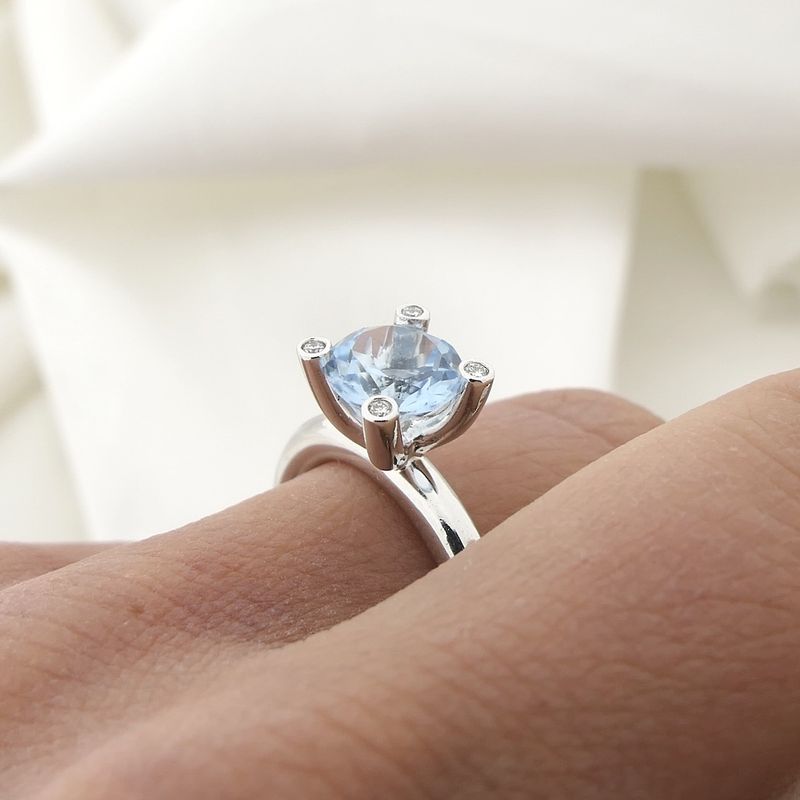 Image 2 of White gold 'Phlox' ring set with aquamarine and diamond; 0.04 ct. | Bron Jewelry