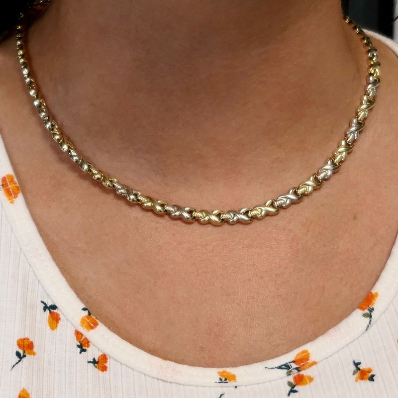 Afbeelding 12 van Bicolor gouden fantasieschakel collier met saffier | 44 cm