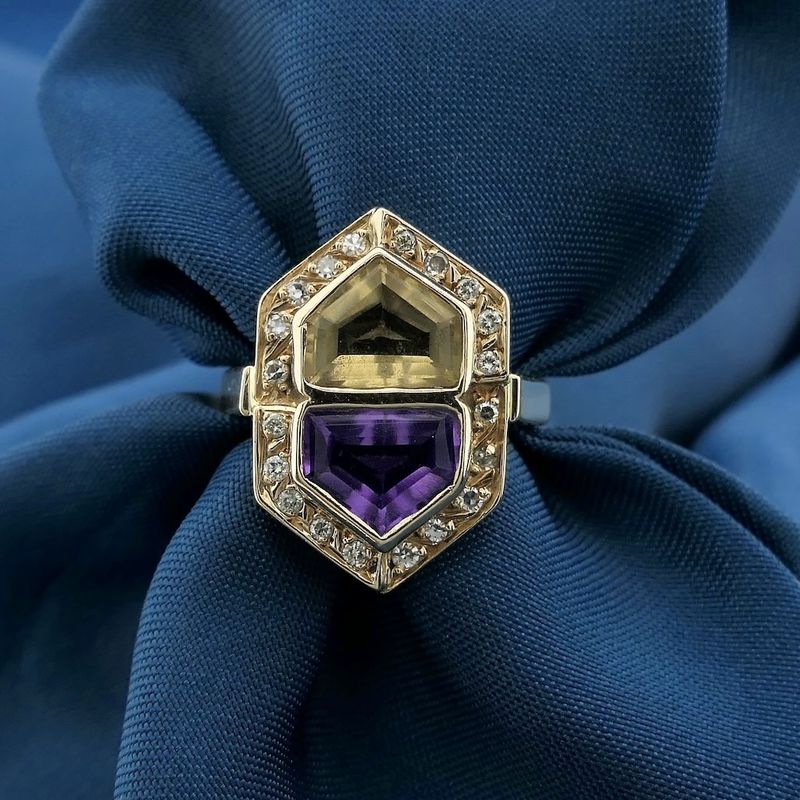 Image 10 of Vintage gold ring with citrine, amethyst and diamonds; 0.20 ct.