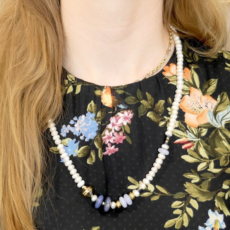 Image 9 of Gold baroque pearl necklace with chalcedony and sodalite; Schoeffel