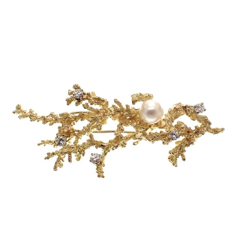 Image 1 of Antique gold brooch with a coral branch, pearl and diamonds 0.35 ct.