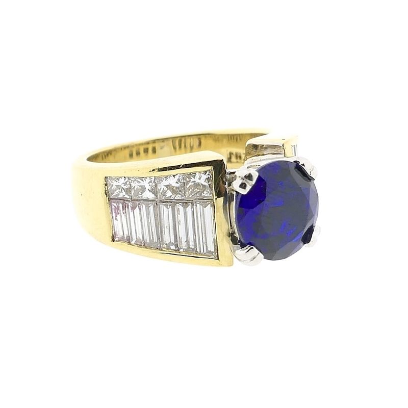 Image 9 of Gold entourage ring with synthetic sapphire and diamonds