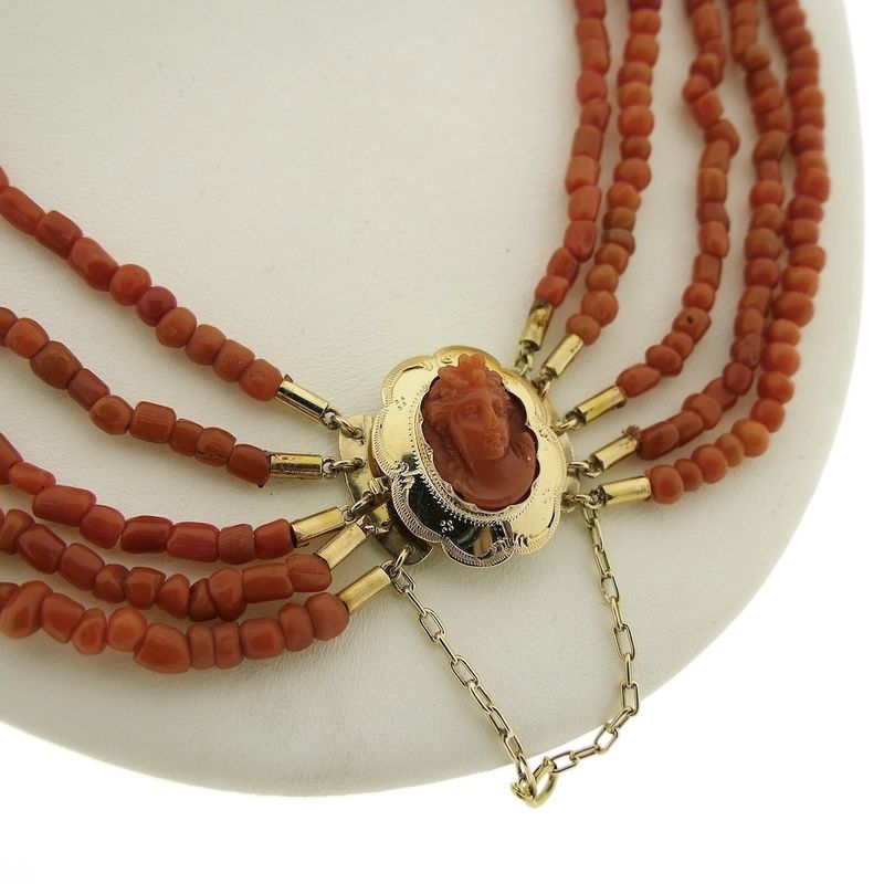 Image 12 of Antique blood coral bead necklace with gold clasp