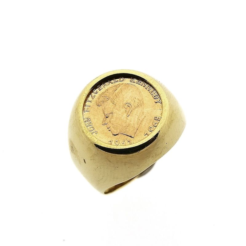 Image 1 of Gold pinky ring with coin | John F. Kennedy