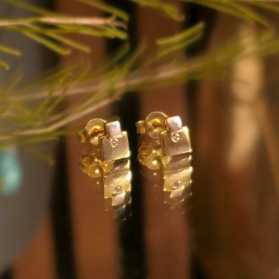 Bicolor gold stud earrings with zirconia Image 2 of Bicolor gold stud earrings with zirconia