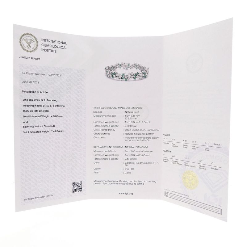 Image 25 of Exclusive white gold bracelet with emerald and diamond; 7.40 ct. + IGI Certificate