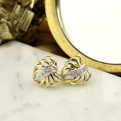 Image 2 of Gold leaf stud earrings with diamond | 0.05 ct.