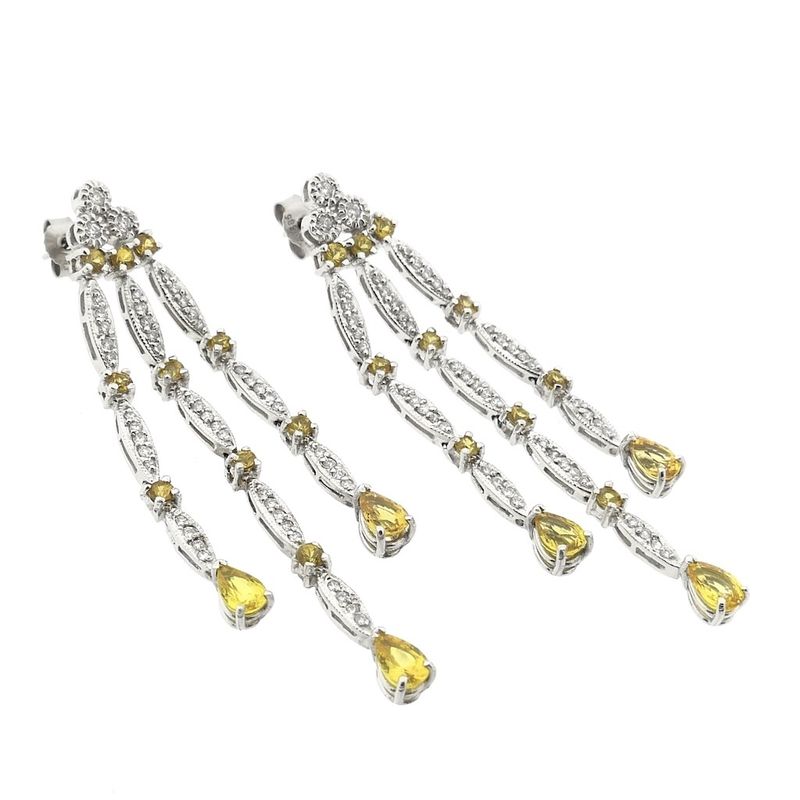 Image 4 of White gold stud earrings with yellow sapphire and diamond; 0.56 ct.