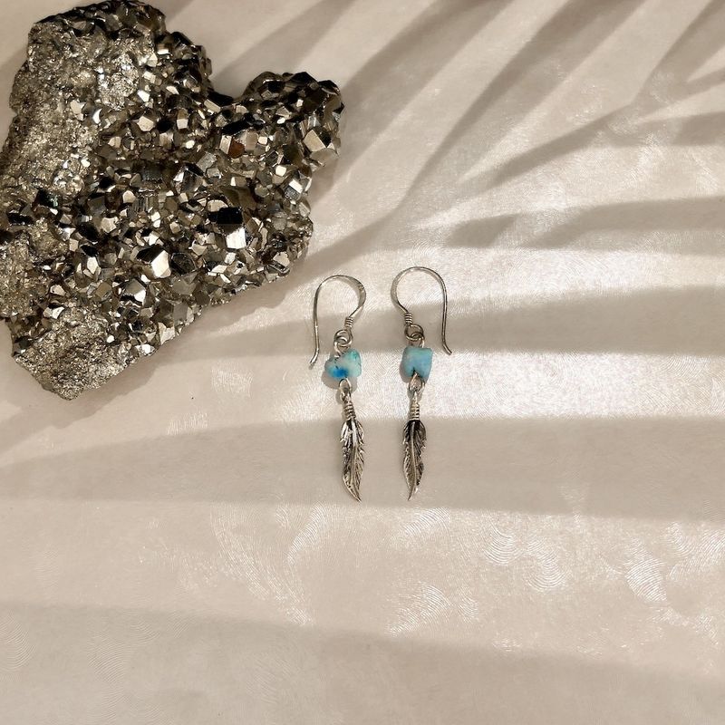 Image 2 of Silver feather earrings with turquoise