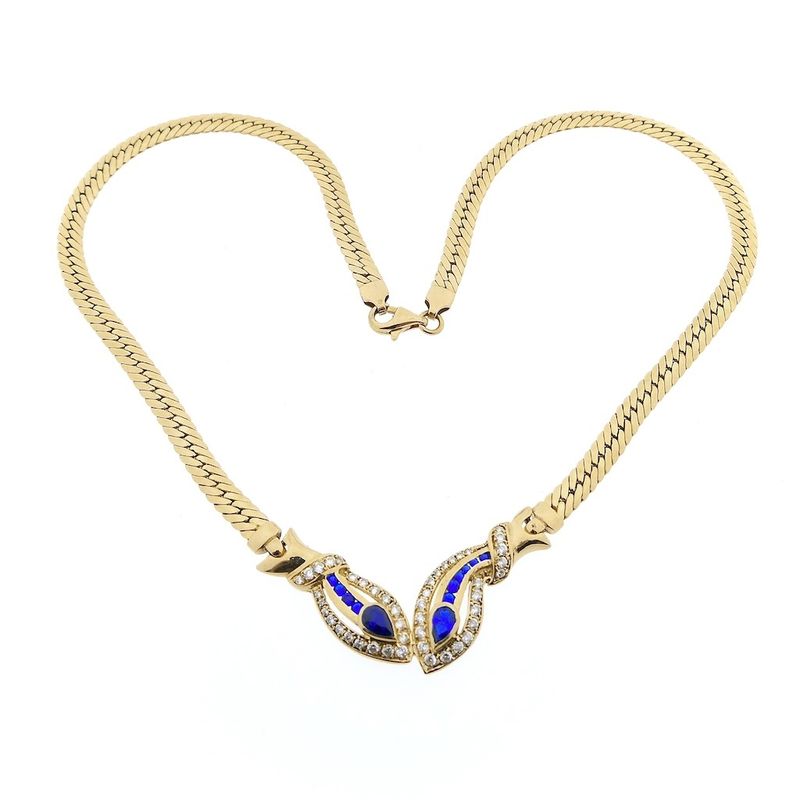 Image 3 of Gold flat gourmet link necklace with synthetic sapphire and zirconia