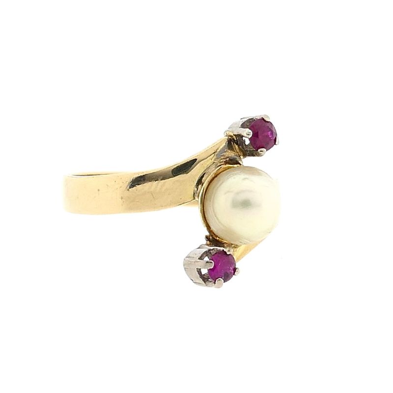 Image 4 of Gold Ring with Cultured Pearl and Ruby; 14K; Size 18.25