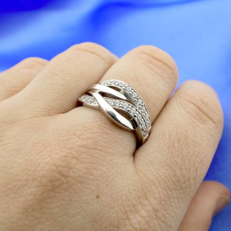 Image 9 of Wide silver crossover ring with zirconia