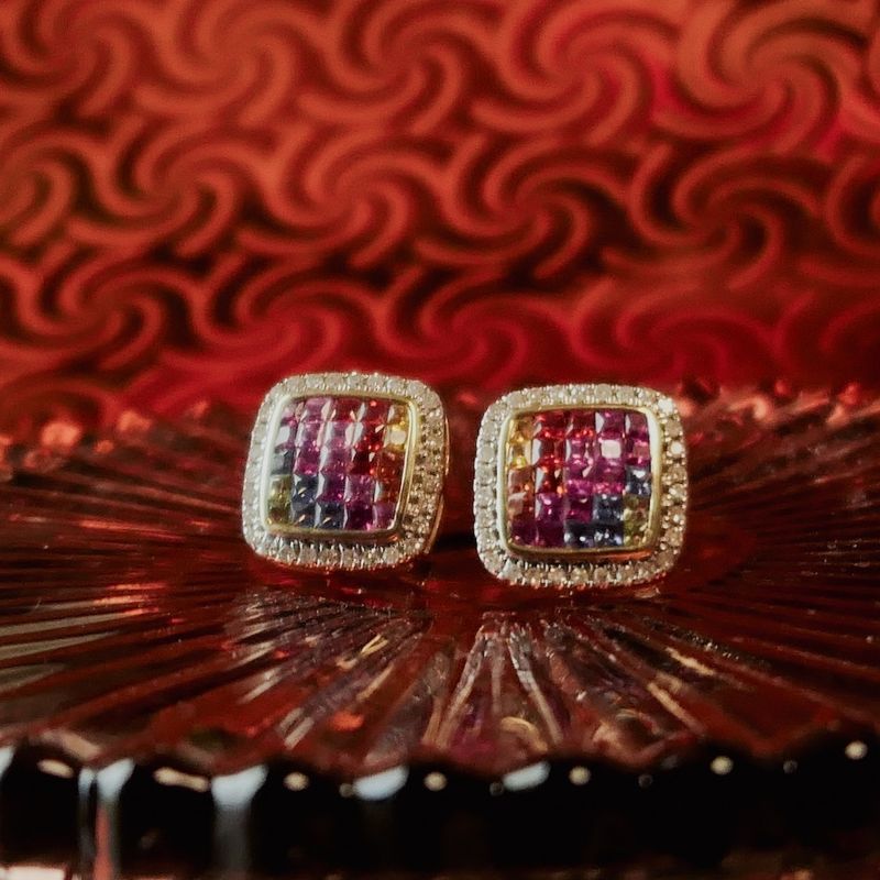 Image 2 of Gold stud earrings with colored sapphire and diamonds | 0.30 ct.