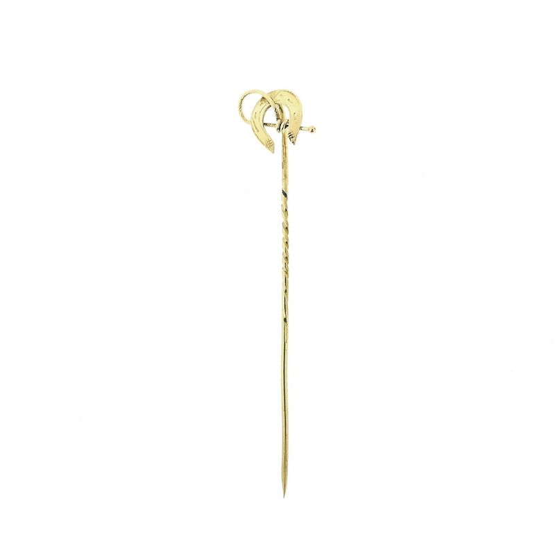 Image 1 of Gold lapel pin, horseshoe tie pin with whip