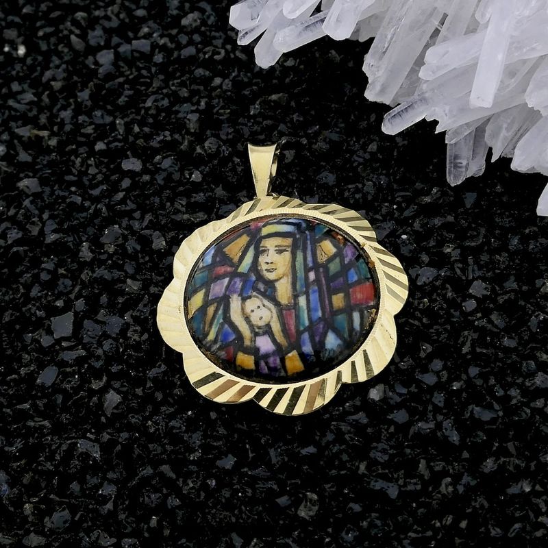 Image 2 of Gold vintage pendant of Mary and Jesus with colored enamel.