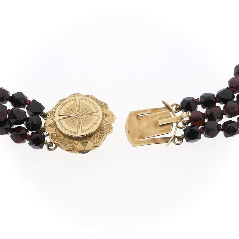 Image 6 of Antique garnet bead necklace with gold decorative clasp.