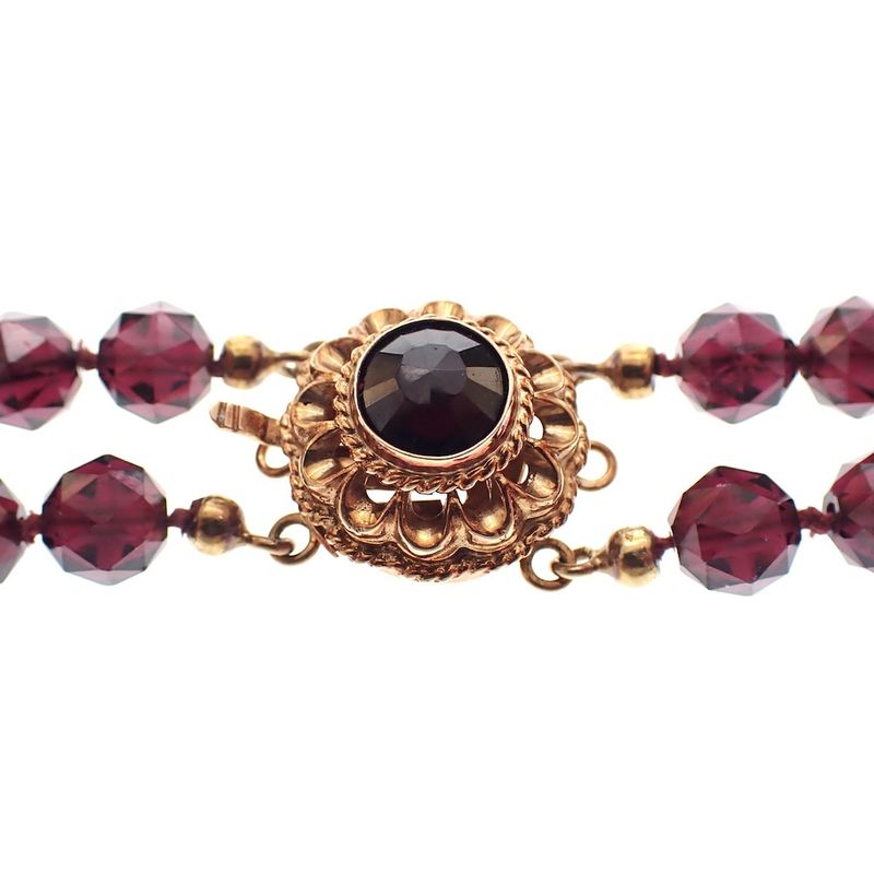 Image 2 of Long garnet bead necklace with a gold clasp; Antique | 77 cm