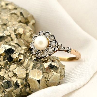 Image 2 of Bicolor Gold Ring with Cultured Pearl and Diamond; approx. 0.10 ct.