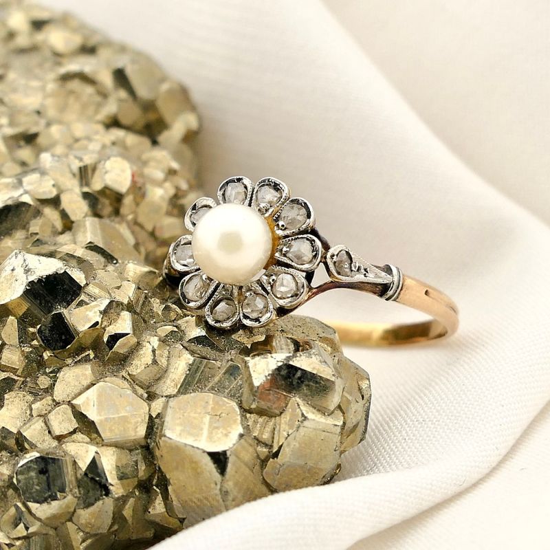 Image 2 of Bicolor Gold Ring with Cultured Pearl and Diamond; approx. 0.10 ct.
