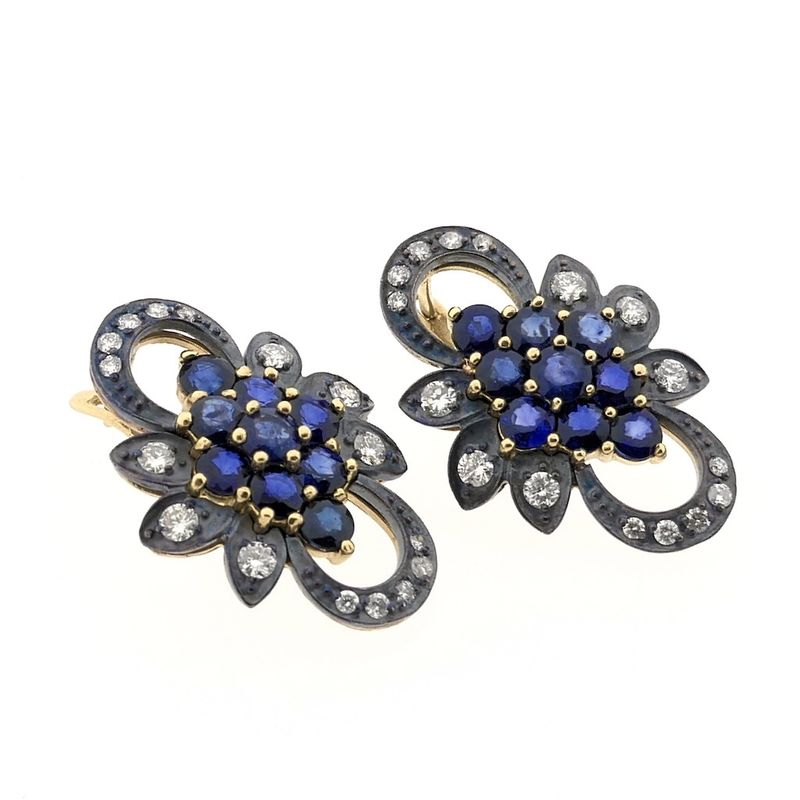 Image 7 of Gold/silver earrings with sapphire and diamond; Approx. 0.51 ct.