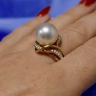 Image 13 of Vintage gold ring with pearl and diamonds; 0.13 ct.