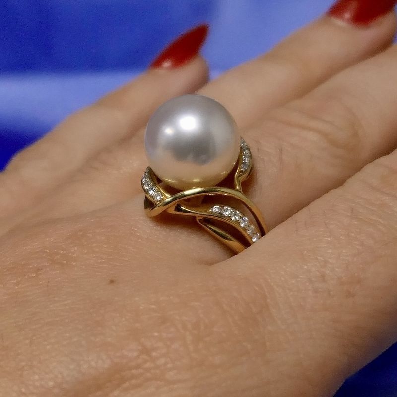 Image 13 of Vintage gold ring with pearl and diamonds; 0.13 ct.