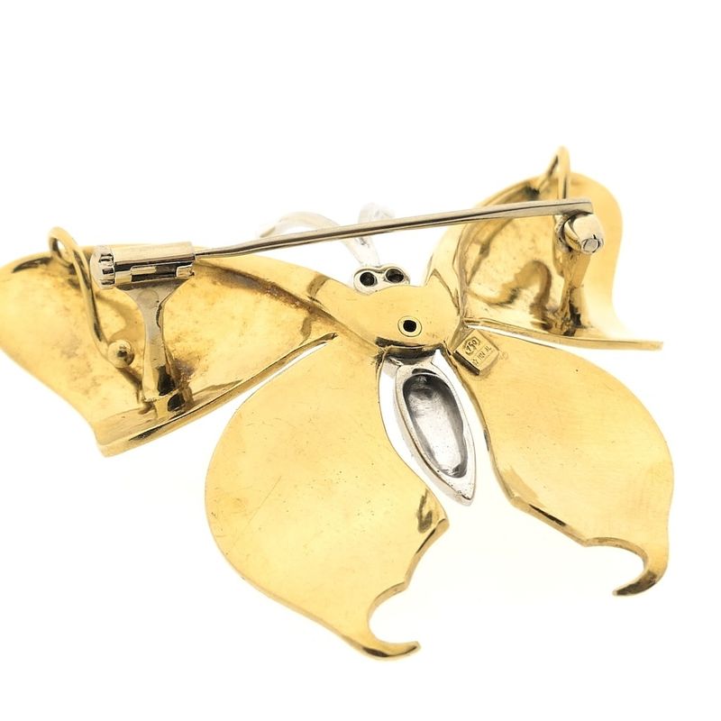 Image 5 of Two-tone gold brooch/pendant of a butterfly with enamel and diamond; 0.04 ct.
